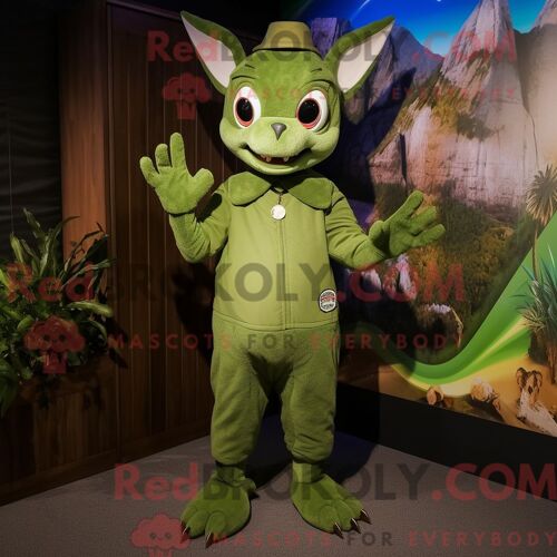 Costume De Mascotte Redbrokoly De Chupacabra D Olive Habillé Avec Une Barboteuse Et Des Pinces À Chaussures