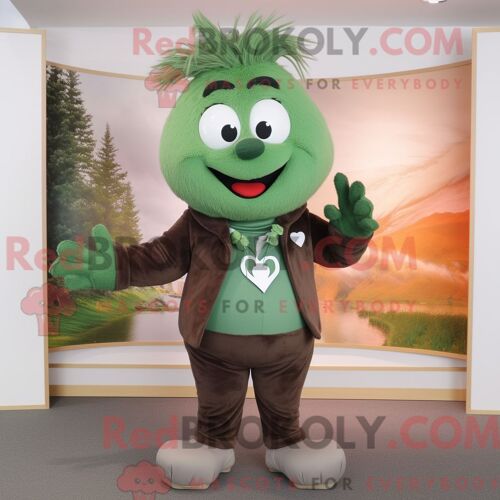 Costume De Mascotte Redbrokoly De Coeur Vert Forêt Habillé D Un Pantalon Et De Colliers En Velours Côtelé