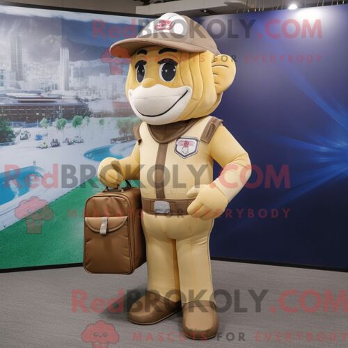 Mascotte Redbrokoly De Casque De Football Américain Beige Personnage Costumé Habillé D Une Salopette Et De Porte-Documents
