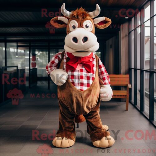Personnage De Costume De Mascotte Redbrokoly Stroganoff De B?Uf Rouge Habillé D Une Chemise En Flanelle Et De Noeuds Papillons