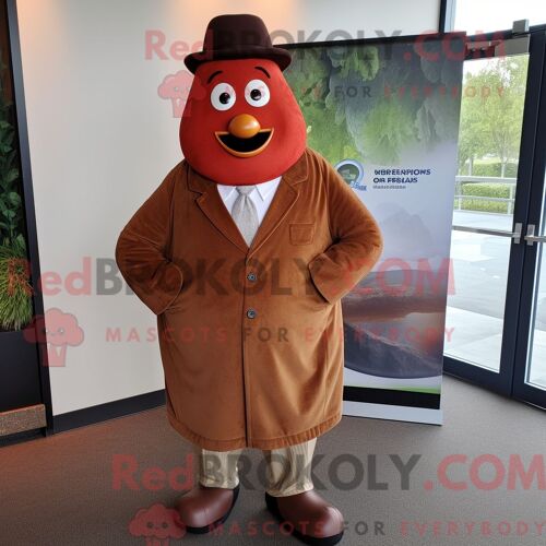 Costume Mascotte Redbrokoly De Poire Rouille Habillé D Un Manteau Et De Cravates