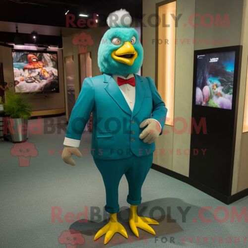 Personnage De Costume De Mascotte Redbrokoly De Poulet Bleu Sarcelle Habillé Avec Un Pantalon De Costume Et Des Bracelets De Cheville