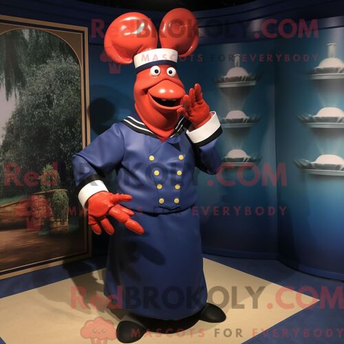Costume De Mascotte Redbrokoly En Biscuit De Homard Bleu Marine Habillé D Une Jupe Portefeuille Et De Boutons De Manchette