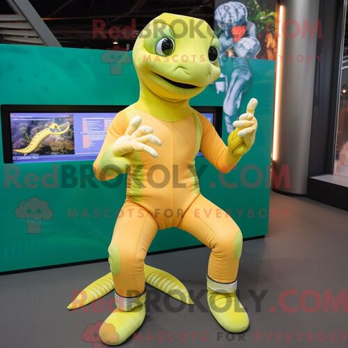 Costume De Mascotte Redbrokoly De Lézard Jaune Citron Personnage Habillé D Une Combinaison Et De Coussinets De Pieds
