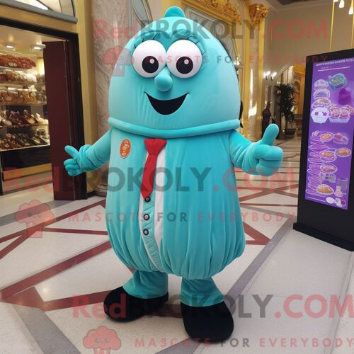 Costume Mascotte Redbrokoly De Bonbon Turquoise Habillé D Un Gilet Et D Épingles À Châle