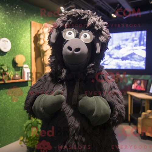 Costume De Mascotte Redbrokoly De Mouton Noir Du Suffolk Habillé Avec Un Sweat À Capuche Et Des Lunettes