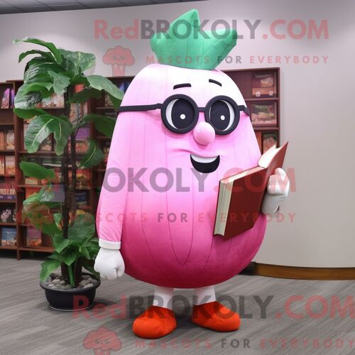 Costume Mascotte Redbrokoly De Navet Rose Personnage Habillé Avec Un Pantalon Habillé Et Des Lunettes De Lecture