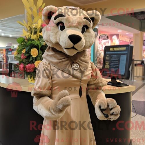 Costume De Mascotte Redbrokoly De Panthère Beige Habillé D Une Robe Midi Et D Épingles À Châle