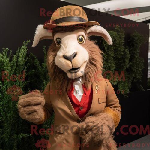 Costume Mascotte Redbrokoly De Chèvre Angora Marron Habillé D Une Veste De Costume Et De Bérets