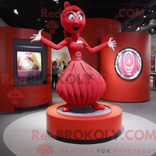 Costume De Mascotte Redbrokoly De Contorsionniste Rouge Habillé D Une Mini-Jupe Et D Épinglettes