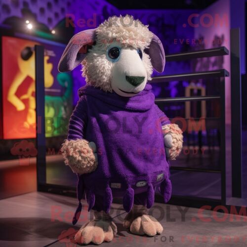 Costume De Mascotte Redbrokoly De Mouton Violet Habillé D Un Bermuda Et D Épingles À Châle