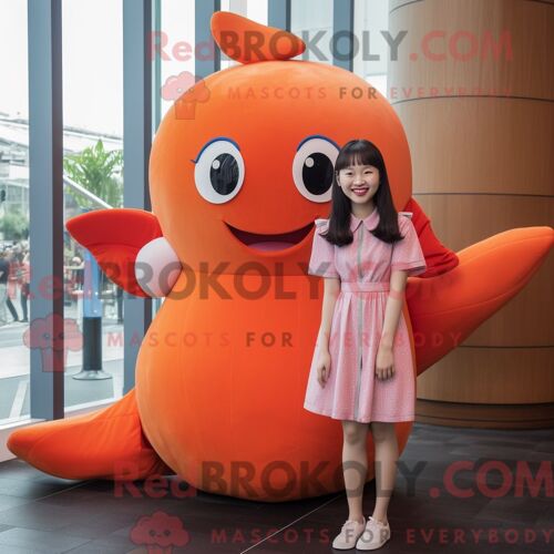 Costume Mascotte Redbrokoly De Baleine Orange Personnage Habillé Avec Une Mini Robe Et Des Broches