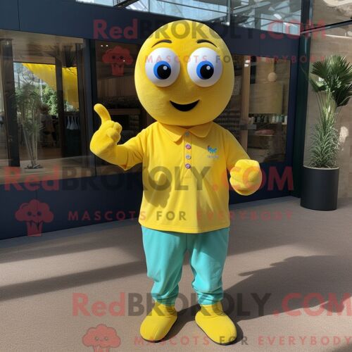 Mascotte Redbrokoly De Boule De Pétanque Jaune Costume De Personnage Habillé Avec Un Polo Et Des Mitaines