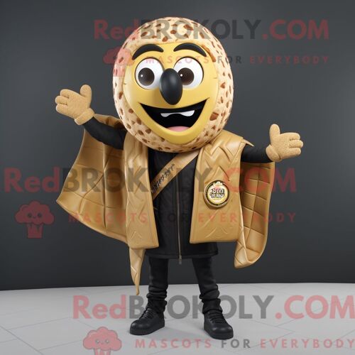 Costume Mascotte Redbrokoly De Falafel Doré Personnage Habillé D Une Veste En Cuir Et De Châles
