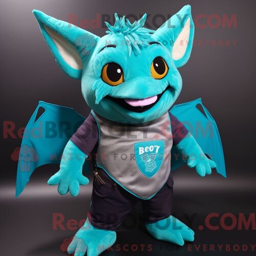 Costume Mascotte Redbrokoly De Chauve-Souris Turquoise Habillé D Un Débardeur Et De Pochettes De Costume
