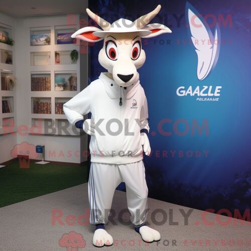 Costume Mascotte Redbrokoly De Gazelle Blanche Personnage Habillé D Un Coupe-Vent Et D Épingles À Chapeau
