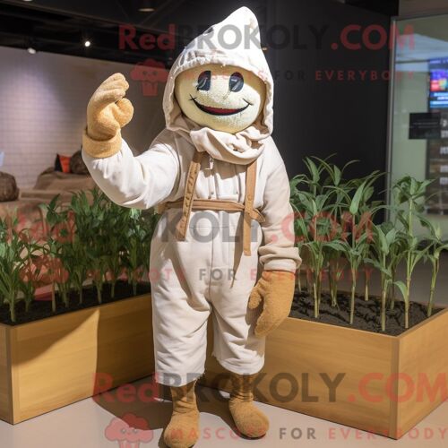 Costume Mascotte Redbrokoly D Épouvantail Crème Personnage Habillé Avec Un Sweat À Capuche Et Des Gants