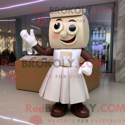 Personnage De Costume De Mascotte Redbrokoly De Barre De Chocolat Beige Habillé Avec Une Robe Trapèze Et Des Bagues
