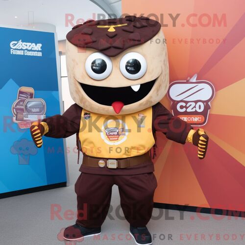 Costume De Mascotte Redbrokoly De Nachos Marron Habillé D Un Blouson Aviateur Et De Montres Intelligentes