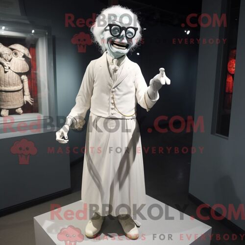 Costume De Mascotte Redbrokoly De Mort-Vivant Blanc Habillé D Une Robe Taille Empire Et De Lunettes