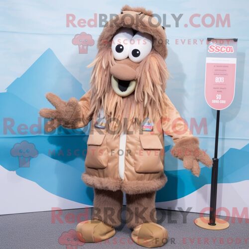 Costume De Mascotte Redbrokoly De Crevettes Brunes Et De Langoustines Habillé D Une Parka Et D Un Porte-Monnaie