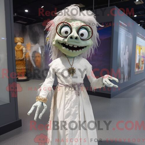 Costume De Mascotte Redbrokoly De Mort-Vivant Blanc Habillé D Une Robe Taille Empire Et De Lunettes