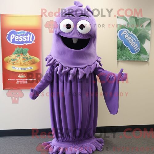 Costume De Mascotte Redbrokoly De Pâtes Au Pesto Violet Personnage Habillé D Une Combinaison Et D Épingles À Châle
