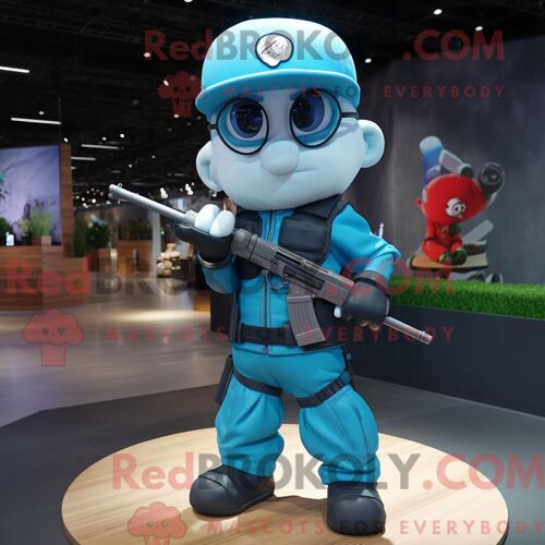 Costume De Mascotte Redbrokoly De Sniper Cyan Habillé D Une Veste En Cuir Et De Casquettes