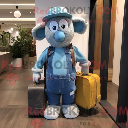 Costume De Mascotte Redbrokoly De Mouton Mérinos Bleu Ciel Habillé D Un Jean Bootcut Et De Porte-Documents