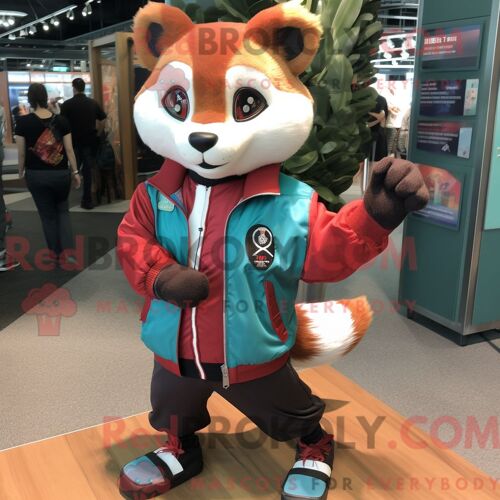 Costume De Mascotte Redbrokoly De Panda Roux Bleu Sarcelle Habillé D Un Blouson Aviateur Et D Un Porte-Monnaie