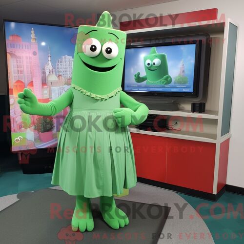 Personnage De Costume De Mascotte Redbrokoly De Télévision Verte Habillé D Une Robe Taille Empire Et De Coussinets De Pieds