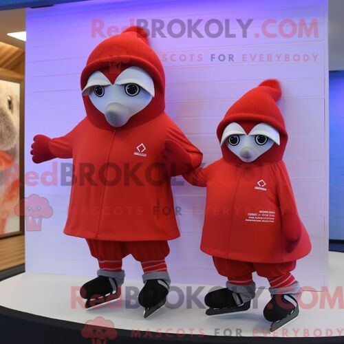 Personnage De Costume De Mascotte Redbrokoly De Paire De Patins À Glace Rouges Habillé Avec Un Pantalon Et Des Châles