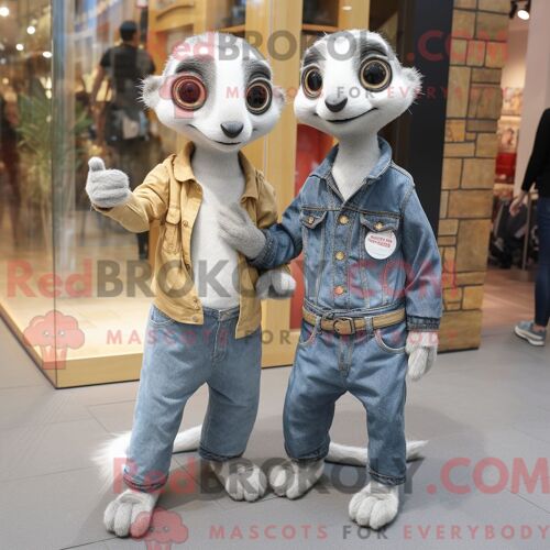 Costume De Mascotte Redbrokoly De Suricate Argenté Personnage Habillé Avec Un Jean Boyfriend Et Des Bagues