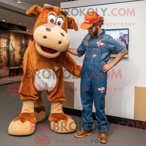 Personnage De Costume De Mascotte Redbrokoly De Vache De Guernesey Rouille Habillé D Une Salopette Et De Montres