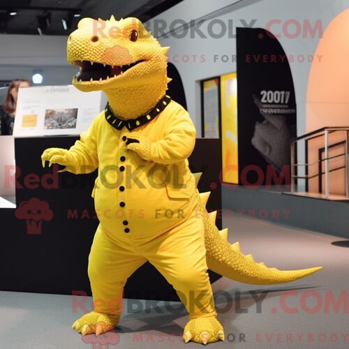 Costume De Mascotte Redbrokoly D Ankylosaure Jaune Citron Habillé D Une Combinaison Et D Épinglettes