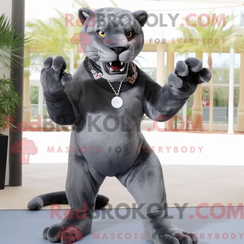 Personnage De Costume De Mascotte Redbrokoly De Panthère Grise Habillé Avec Une Jupe Trapèze Et Des Bracelets