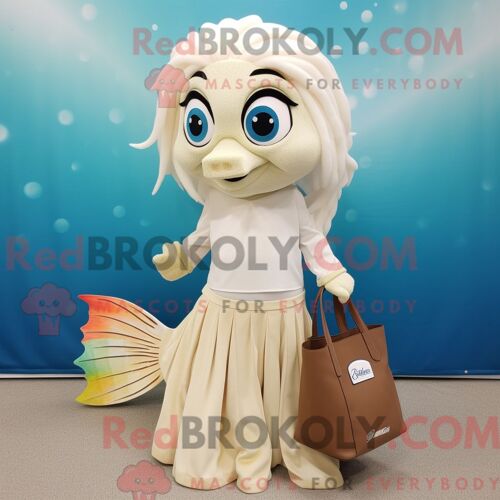 Costume De Mascotte Redbrokoly De Poisson Betta Crème Personnage Habillé D Une Jupe Plissée Et De Sacs Fourre-Tout