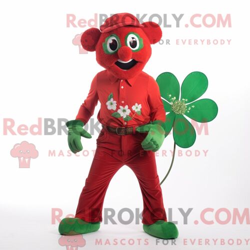 Personnage De Costume De Mascotte Redbrokoly Red Bunch Of Shamrocks Habillé Avec Un Jean Évasé Et Des Boutons De Manchette