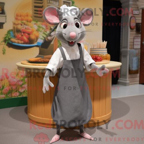 Costume Mascotte Redbrokoly De Ratatouille Grise Habillé D Une Jupe Longue Et D Épingles À Cravate