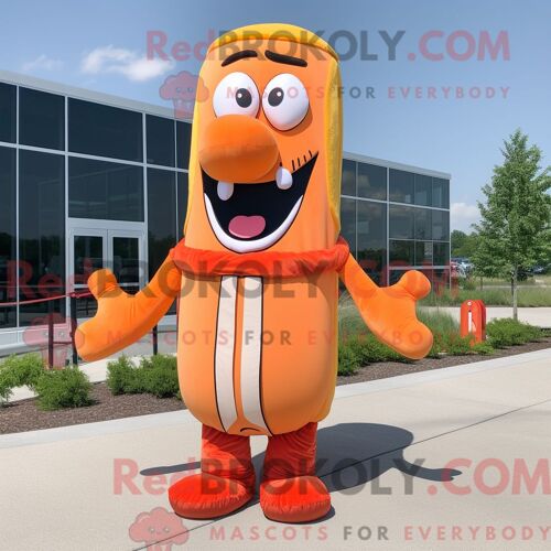 Costume Mascotte Redbrokoly De Hot Dog Orange Personnage Habillé Avec Une Mini Robe Et Des Ceintures