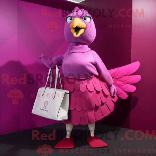 Costume De Mascotte Redbrokoly De Pigeon Magenta Habillé D Une Jupe Plissée Et De Sacs Fourre-Tout