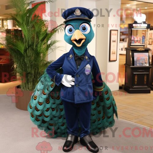 Costume De Mascotte Redbrokoly De Paon Bleu Marine Habillé D Un Pantalon Cargo Et De Noeuds Papillons