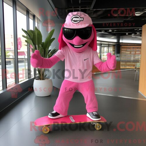 Personnage De Costume De Mascotte Redbrokoly De Skateboard Rose Habillé Avec Une Combinaison Et Des Coussinets De Pied