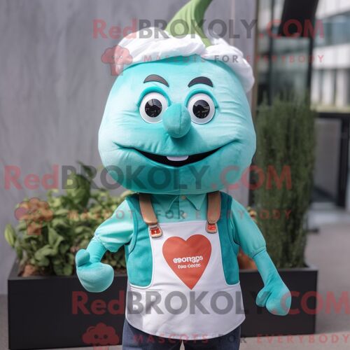 Personnage De Costume De Mascotte Redbrokoly De Navet Turquoise Habillé Avec Une Chemise Boutonnée Et Des Bretelles