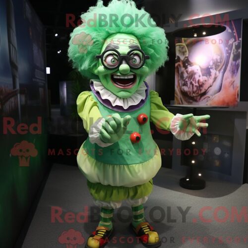 Costume De Mascotte Redbrokoly De Clown Maléfique Vert Habillé Avec Une Jupe Crayon Et Des Lunettes