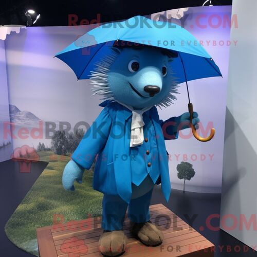 Costume Mascotte Redbrokoly De Hérisson Bleu Habillé D Un Imperméable Et D Épingles À Cravate