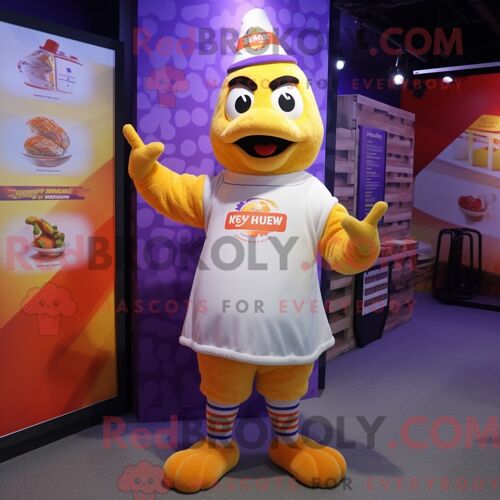 Personnage De Costume De Mascotte Redbrokoly De Poulet Au Beurre De Lavande Habillé Avec Un T-Shirt Graphique Et Des Bandeaux