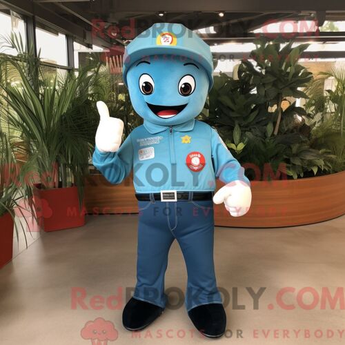 Personnage De Costume De Mascotte Redbrokoly De Pompier Cyan Habillé Avec Un Jean Bootcut Et Des Broches
