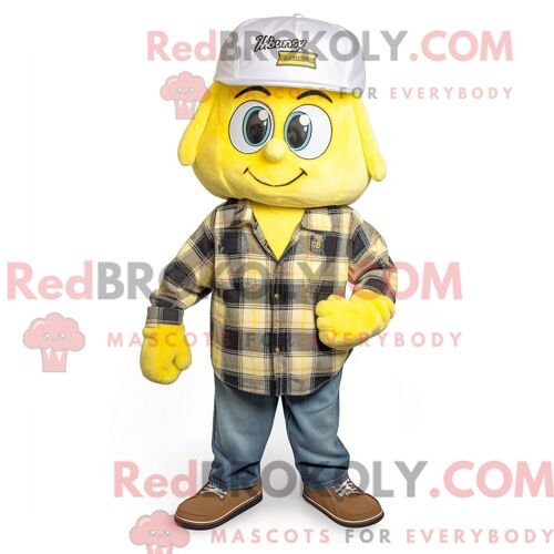 Costume De Mascotte Redbrokoly De L Alliance Jaune Citron Personnage Habillé Avec Une Chemise En Flanelle Et Des Chapeaux