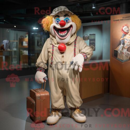 Costume Mascotte Redbrokoly De Clown Maléfique Beige Habillé D Un Short En Jean Et De Porte-Documents